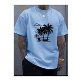 caddekombin Palmiye Ağacı Şemsiyeli Baskılı Pamuk Yuvarlak Yaka Mavi T-shirt