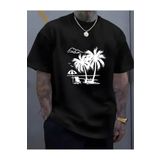 caddekombin Palmiye Ağacı Şemsiyeli Baskılı Pamuk Yuvarlak Yaka Siyah T-shirt