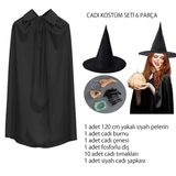 Cadı Kostüm Seti 6 Parça - Şapka Pelerin Tırnaklar Çene Burun (5047)
