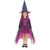 Cadılar Bayramı Halloween Fuşya-Siyah 4-5 Yaş Şapkalı Cadı Kız Çocuk Kostümü