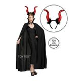 Cadılar Bayramı&Halloween 2 Parçalı Malefiz&Şeytan Parti Kostüm Seti - 120 cm Pelerin + Kırmızı Taç
