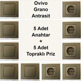 Çağatay Elektrik Ovivo Grano Antrasit 5 Adet Anahtar + 5 Adet Topraklı Priz
