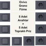 Çağatay Elektrik Ovivo Grano Füme 5 Adet Anahtar + 5 Adet Topraklı Priz