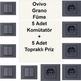 Çağatay Elektrik Ovivo Grano Füme 5 Adet Komütatör + 5 Adet Topraklı Priz