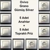 Çağatay Elektrik Ovivo Grano Gümüş Silver 5 Adet Anahtar + 5 Adet Topraklı Priz