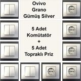 Çağatay Elektrik Ovivo Grano Gümüş Silver 5 Adet Komütatör + 5 Adet Topraklı Priz