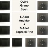 Çağatay Elektrik Ovivo Grano Siyah 5 Adet Anahtar + 5 Adet Topraklı Priz