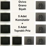 Çağatay Elektrik Ovivo Grano Siyah 5 Adet Komütatör + 5 Adet Topraklı Priz