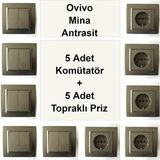Çağatay Elektrik Ovivo Mina Antrasit 5 Adet Komütatör + 5 Adet Topraklı Priz