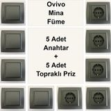 Çağatay Elektrik Ovivo Mina Füme 5 Adet Anahtar + 5 Adet Topraklı Priz