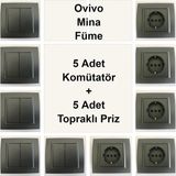 Çağatay Elektrik Ovivo Mina Füme 5 Adet Komütatör + 5 Adet Topraklı Priz