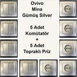 Çağatay Elektrik Ovivo Mina Gümüş Silver 5 Adet Komütatör + 5 Adet Topraklı Priz