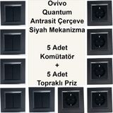 Çağatay Elektrik Ovivo Quantum Antrasit Çerçeve Siyah Mekanizma 5 Adet Komütatör + 5 Adet Topraklı Priz