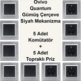 Çağatay Elektrik Ovivo Quantum Gümüş Çerçeve Siyah Mekanizma 5 Adet Komütatör + 5 Adet Topraklı Priz