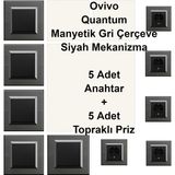 Çağatay Elektrik Ovivo Quantum Manyetik Gri Çerçeve Siyah Mekanizma 5 Adet Anahtar + 5 Adet Topraklı Priz