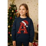 Çağla Kurt A Harfli Unisex Yilbasi Temali Sweatshirt Cocuk - 001-Lacivert - 10 Yaş