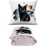 Caisya Ay Işığı Kedi Baskılı Dekoratif Yastık Kırlent Opsiyonel Battaniye - 115 x 170 cm - Renkli