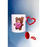 Caisya Ayıcık Love Teddy Bear Baskılı Kalpli Kırmızı Beyaz Kupa Bardak