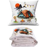 Caisya Camping-3 Baskılı Dekoratif Yastık Kırlent Opsiyonel Battaniye - 115 x 170 cm - Renkli
