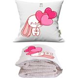 Caisya Kalp Balonlu Tavşan Baskılı Dekoratif Yastık Kırlent Opsiyonel Battaniye 2 In 1 - 110 x 170 cm - Renkli