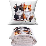 Caisya Kedi Çift Baskılı Dekoratif Yastık Kırlent Opsiyonel Battaniye - 115 x 170 cm - Renkli