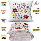 Caisya Nakış Işleme Çiçekler Efektli Baskılı Tv Battaniyesi Olabilen Dekoratif Yastık Kırlent Battaniye - 115 x 170 cm - Renkli
