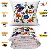 Caisya Nakışlı Punch Efektli Balıklar Baskılı Tv Battaniyesi Olabilen Dekoratif Yastık Kırlent Battaniye - 115 x 170 cm - Renkli