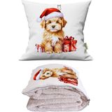 Caisya Noel Şapkalı Köpek Baskılı Dekoratif Yastık Kırlent Opsiyonel Battaniye - 115 x 170 cm - Renkli