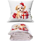 Caisya Noel Şapkalı Yavru Köpek Baskılı Dekoratif Yastık Kırlent Opsiyonel Battaniye - 115 x 170 cm - Renkli