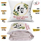 Caisya Öğretmenler Günü Atatürk Siluet Tv Battaniyeli Opsiyonel Dekoratif Yastık Kırlent 2in1 Battaniye - 115 x 170 cm - Renkli