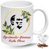 Caisya Öğretmenler Günü Hediyesi Atatürk Silueti Baskılı Porselen Kupa Bardak - Beyaz