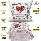 Caisya Öğretmenler Günü Hediyesi Nakış Baskılı Tv Battaniyesi Olabilen Dekoratif Yastık Kırlent Battaniye - 115 x 170 cm - Renkli