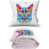 Caisya Renkli Kedi Baskılı Dekoratif Yastık Kırlent Opsiyonel Battaniye - 115 x 170 cm