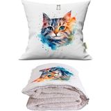 Caisya Renkli Kedi Baskılı Dekoratif Yastık Kırlent Opsiyonel Battaniye 2 In 1 - 115 x 170 cm