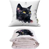 Caisya Siyah Pırıltılı Kedi Baskılı Dekoratif Yastık Kırlent Opsiyonel Battaniye - 115 x 170 cm - Renkli