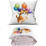 Caisya Uçan Balonlu Kedicik Baskılı Dekoratif Yastık Kırlent Opsiyonel Battaniye 2 In 1 - 110 x 170 cm - Renkli