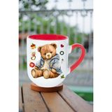 Caisya Yeni Yıl Oyuncak Ayı Teddy Bear Baskılı Içi Kırmızı Lüx Kupa Bardak Porselen Çay Kahve Fincanı