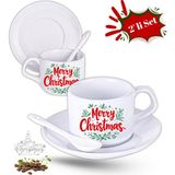 Caisya Yılbaşı Hediyesi Christmas Baskılı 2li Set Porselen Çay Kahve Fincan Seti - Beyaz