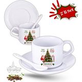 Caisya Yılbaşı Hediyesi Noel Ağacı Baskılı 2li Set Isimli Porselen Çay Kahve Fincan Seti - Beyaz