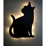 caju art & decoration Dekoratif Büyük Boy Led Işıklı Oturan Kedi Ahşap Tablo
