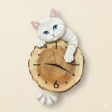 Cajuart Kütük Üzerinden Bakan Beyaz Kedi Tasarımlı Duvar Saati Modern Dekoratif Saat Beyaz