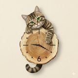 Cajuart Kütük Üzerinden Bakan Tekir Kedi Tasarımlı Duvar Saati Modern Dekoratif Saat - Kahverengi - 30 x 50 cm