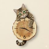 Cajuart Kütük Üzerinden Bakan Tekir Kedi Tasarımlı Duvar Saati Modern Dekoratif Saat Kahverengi