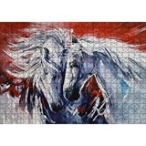 Cakapuzzle İki Beyaz Kısrak Kırmızı Arkaplan 120 Parça Ahşap Puzzle