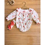 Çakar Bebe Bayramlık Nakışlı Yaka Badili/bandanalı %100 Pamuk Romper 2li Kız Bebek Tulum Set - 9 -12 Ay - Krem - Kırmızı
