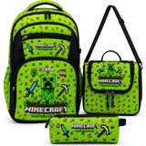 Cakard Minecraft Temalı Ilkokul Okul Çantası Seti 3’lü – Sırt Çantası + Beslenme Çantası + Kalemlik – Ergonomik, Suya Dayanıklı - Açık Yeşil