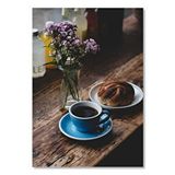 Cakatablo Ahşap Tablo Mavi Fincanda Espresso Çörek Ve Çiçekler