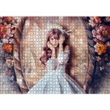 Cakatablo Ayna ve Çiçekler Önünde Beyaz Elbiseli Geyik Boynuzlu Kız 1000 Parça Puzzle Yapboz MDF Ahşap