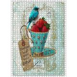 Cakatablo Fincanda Çilekler ve Kuş Vintage 1000 Parça Puzzle Yapboz MDF Ahşap
