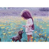 Cakatablo Küçük Kız Sarı Çiçekler ve Yavru Köpek 1000 Parça Puzzle Yapboz MDF Ahşap
